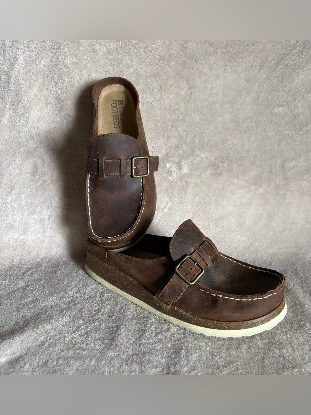 White Mountain Footbeds Bayhill Leather Bwn Mules Buckle Comfort SlipOn Womens 9